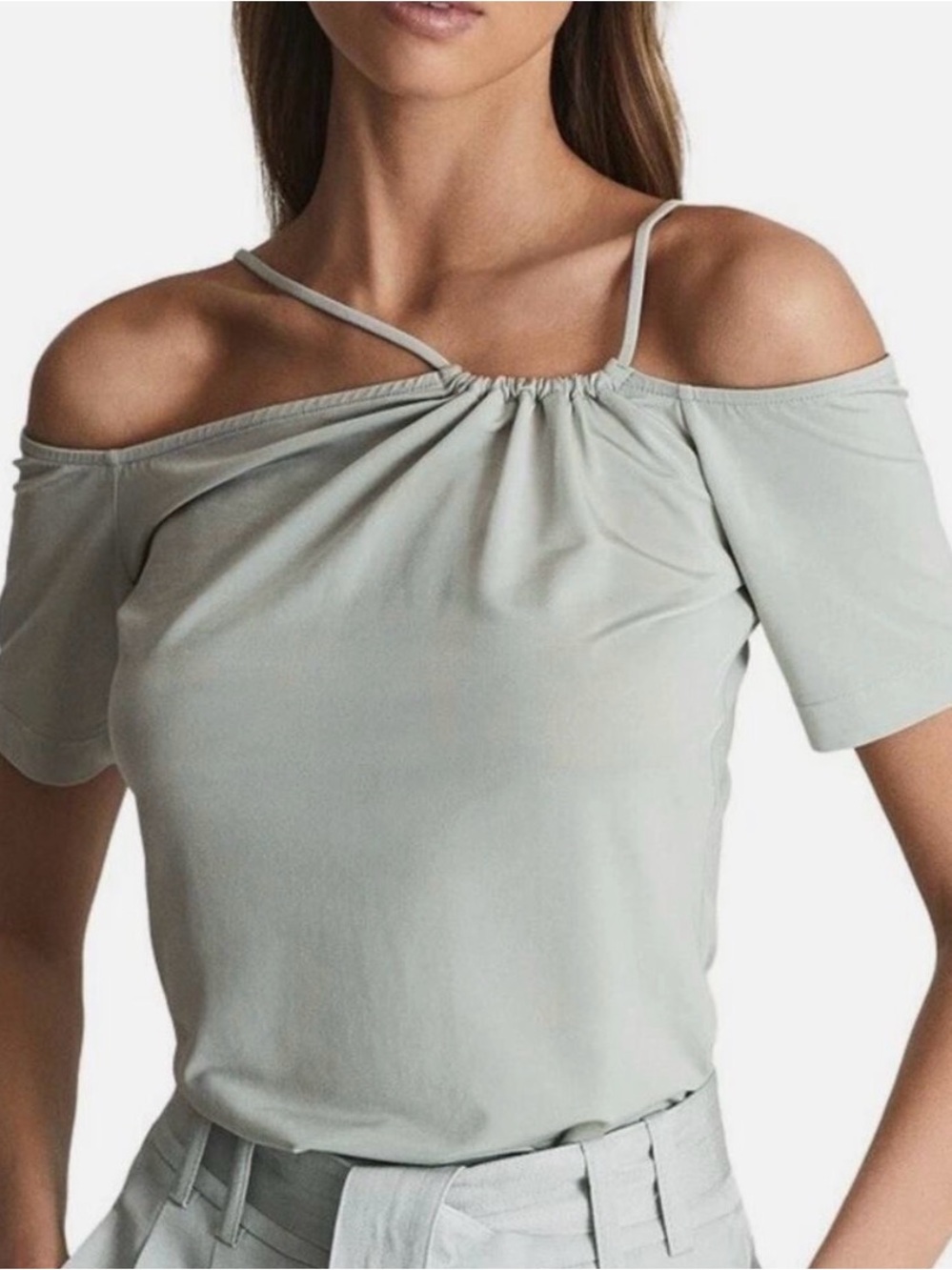 Reiss Sage Green One-Shoulder Strappy Crop Top